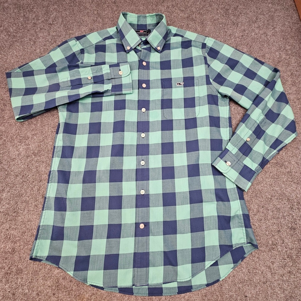 Vineyard Vines Tucker Shirt Mens M Green Navy Buffalo Check Performance Slim